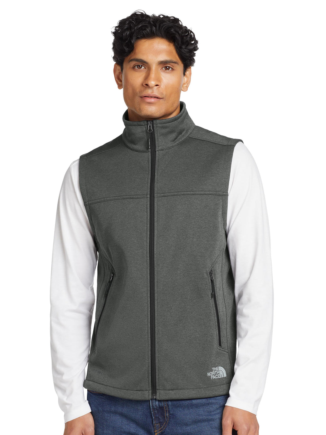 The North Face® Ridgewall Soft Shell Vest in charcoal gray, front view highlighting full-zip design and ideal surface for custom embroidery.