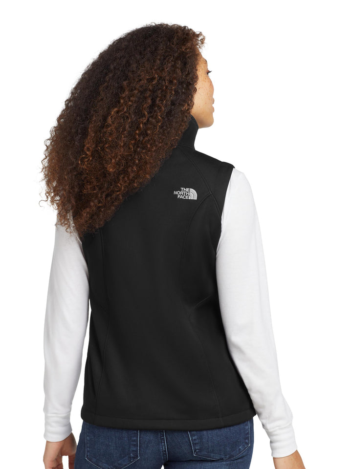 Back view of The North Face® Women's Ridgewall Soft Shell Vest in black, featuring embroidered logo and tailored fit for branded work apparel.