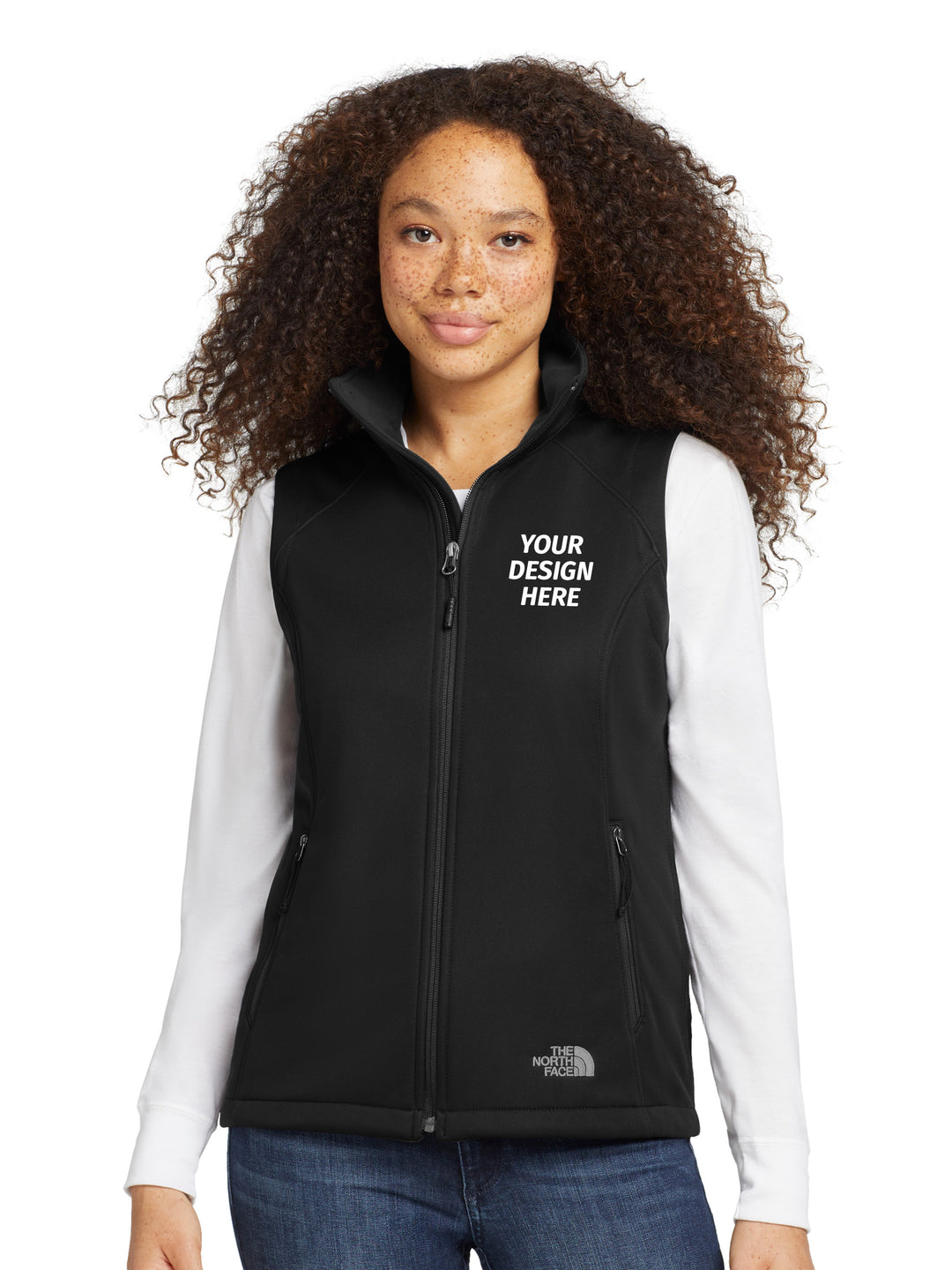 The North Face® Women's Ridgewall Soft Shell Vest in black with 'Your Design Here' text, ideal for custom embroidery and personalized workwear.