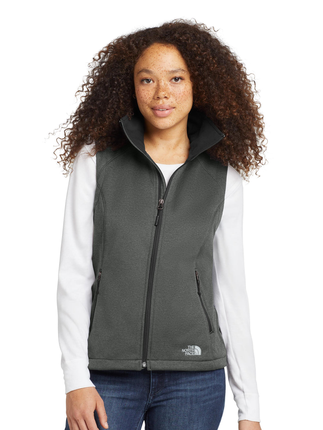 The North Face® Women's Ridgewall Soft Shell Vest in charcoal gray, front view highlighting full zip and water-repellent soft shell material.
