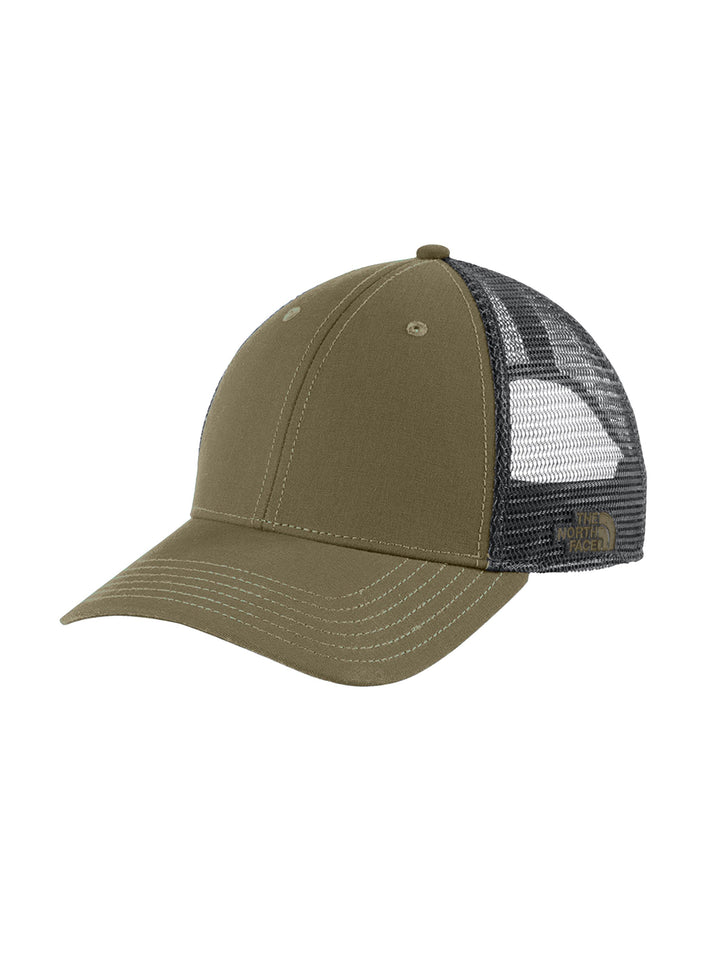 Olive green The North Face Ultimate Trucker Cap with black mesh back, designed for outdoor enthusiasts and casual fashion.