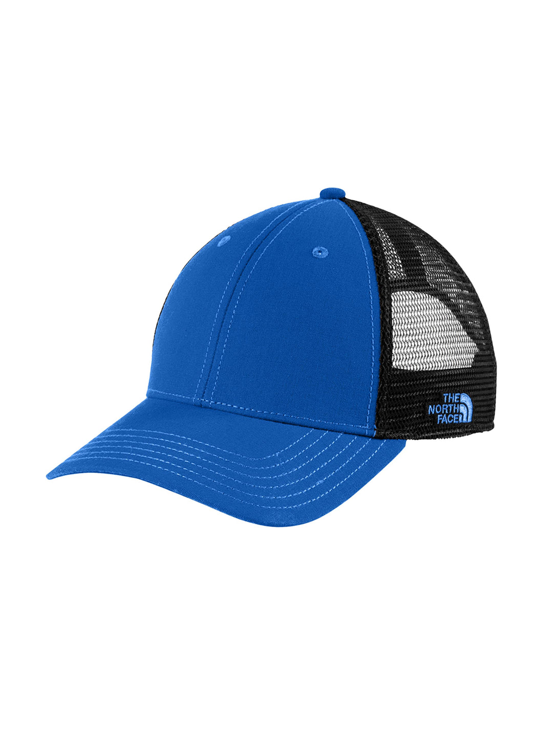 Bright blue The North Face Ultimate Trucker Cap with black mesh and logo, perfect for sporty and casual fashion statements.