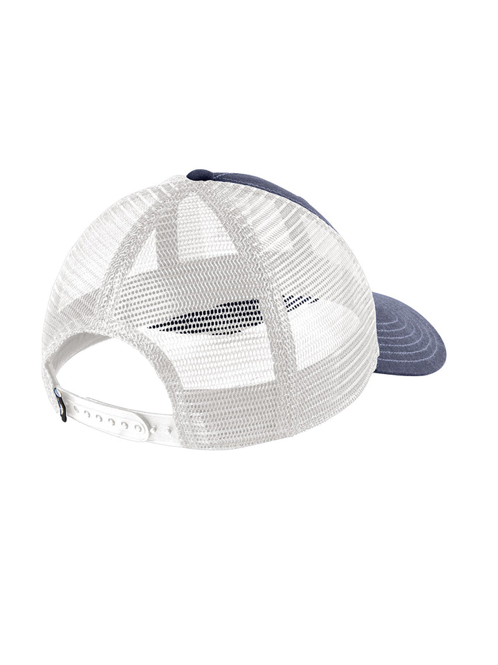 Rear view of The North Face Ultimate Trucker Cap showing adjustable snapback closure and breathable white mesh panel.
