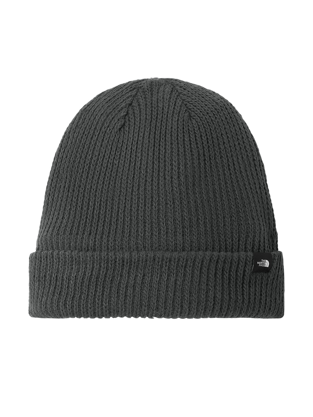 The North Face® Circular Rib Beanie in black. Premium knit design with fold-over cuff and logo tag, perfect for warmth and customization.