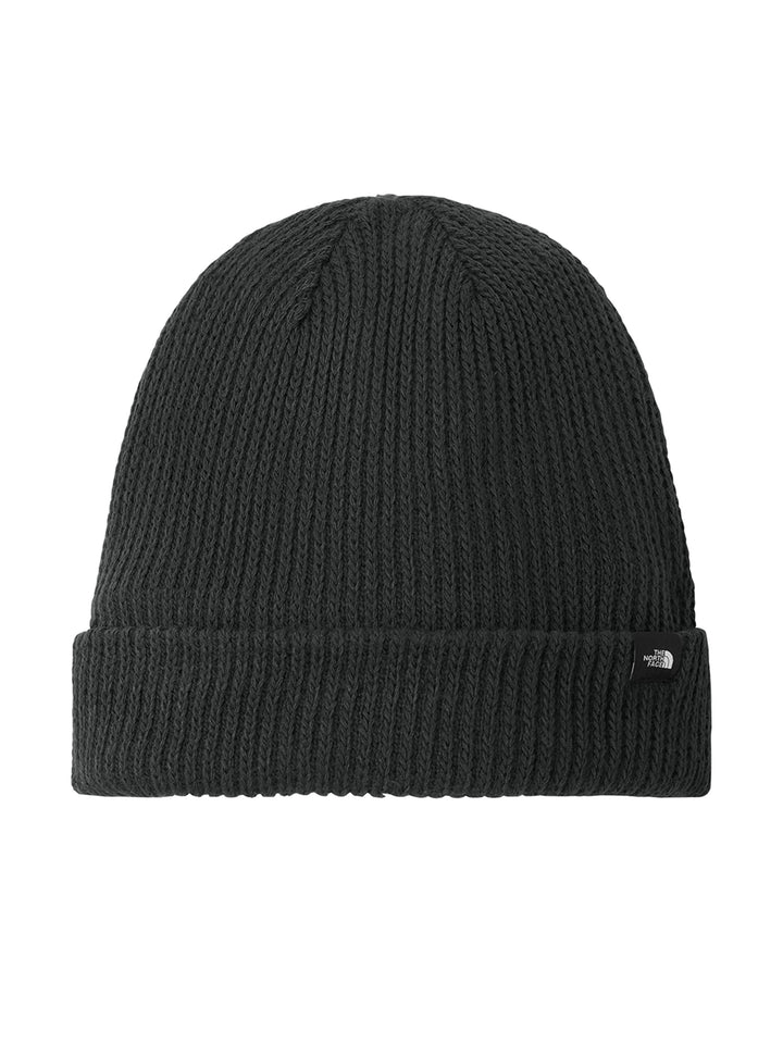 The North Face® Circular Rib Beanie in black. Stylish and eco-conscious knit beanie with a fold-over cuff, ideal for custom embroidery.