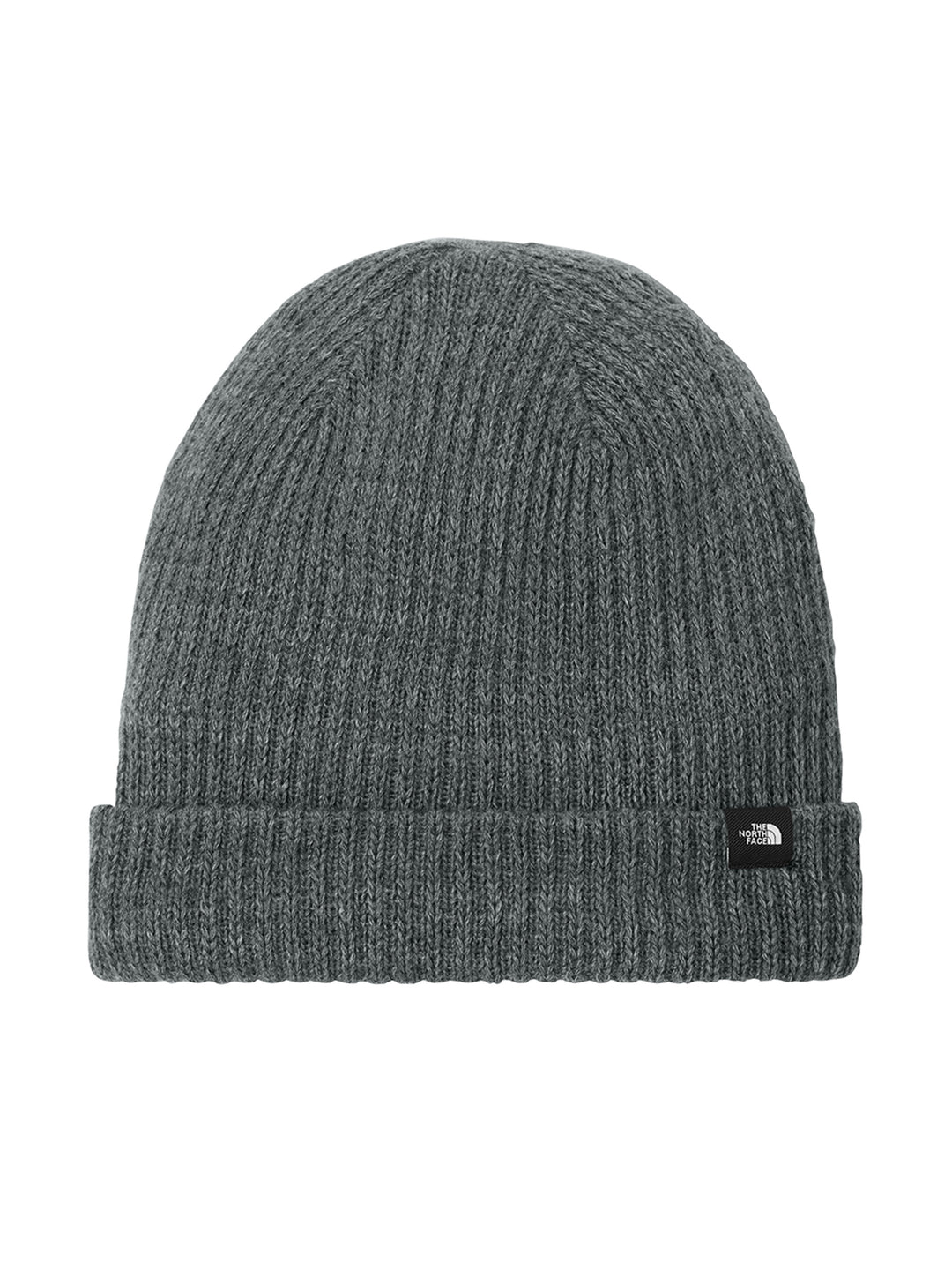 The North Face® Circular Rib Beanie in gray. Soft, ribbed knit design with a fold-over cuff and logo tag, perfect for personalized branding.