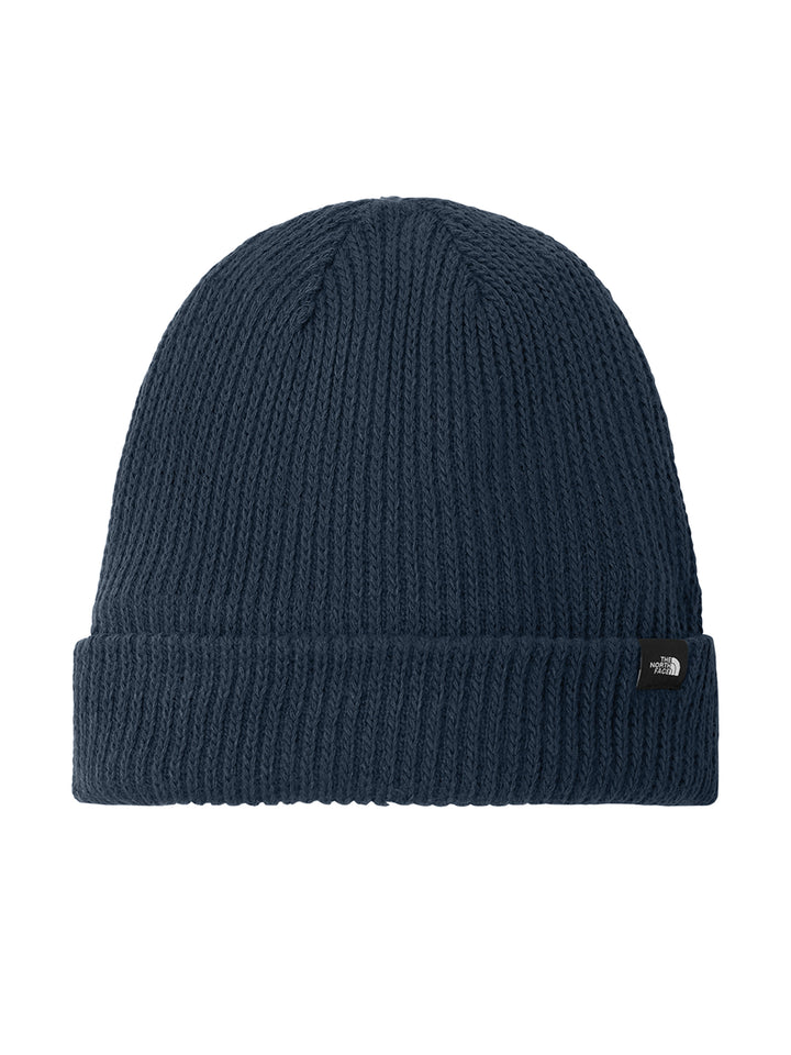 The North Face® Circular Rib Beanie in navy blue. Cozy, eco-friendly knit hat with a fold-over cuff, great for custom embroidery and branding.