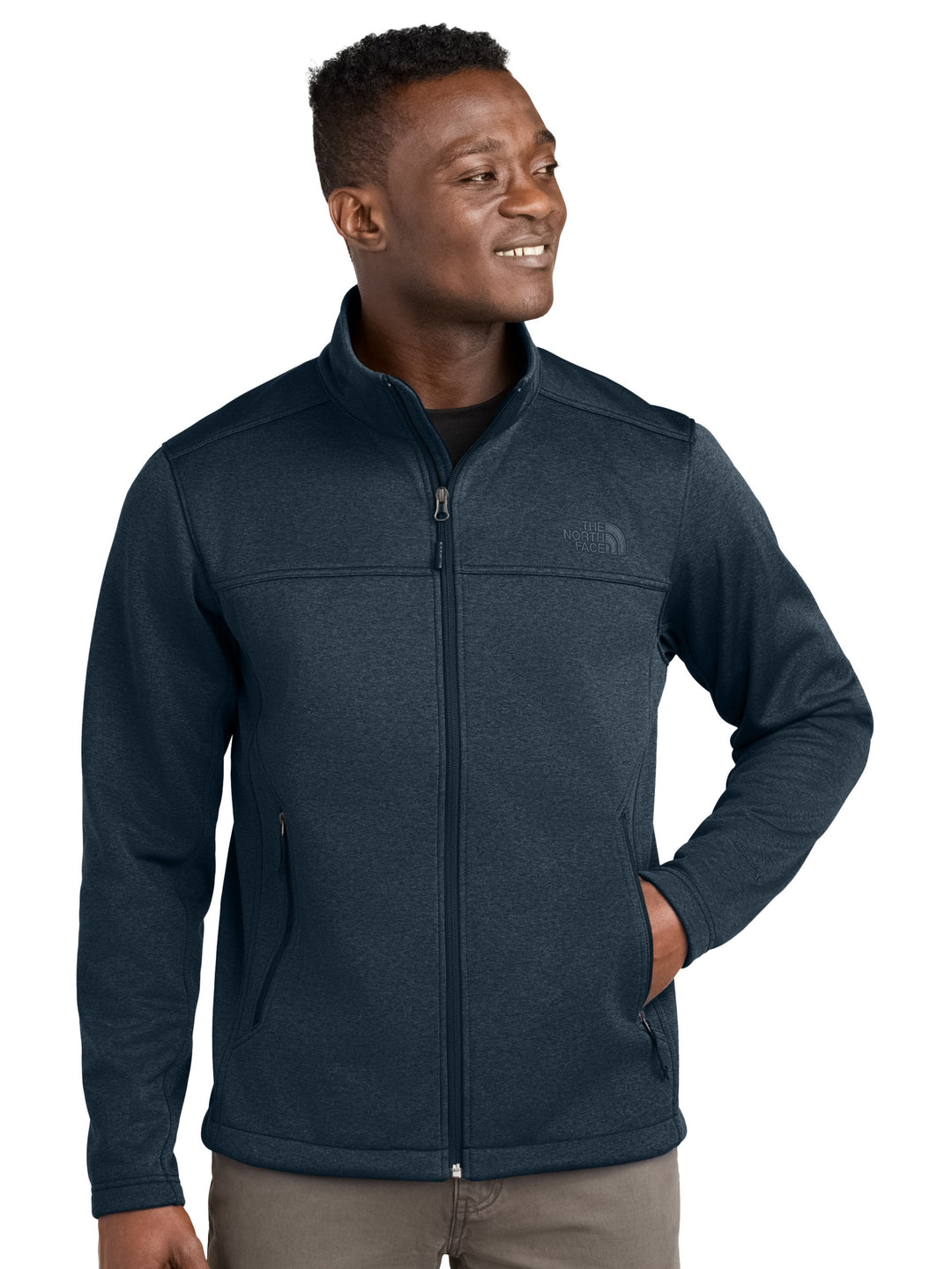 The North Face® Chest Logo Ridgewall Soft Shell Jacket in navy heather, midweight and ideal for custom branding or outdoor wear.