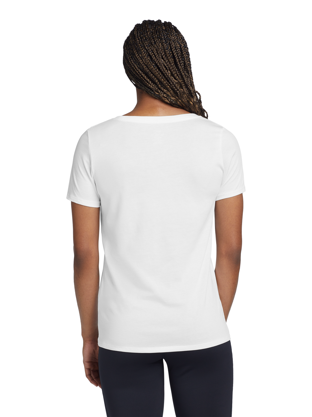 Back view of the Nike Women's Dri-FIT Cotton/Poly Scoop Neck Tee- NKBQ5234 in white, showcasing its relaxed fit and breathable fabric.