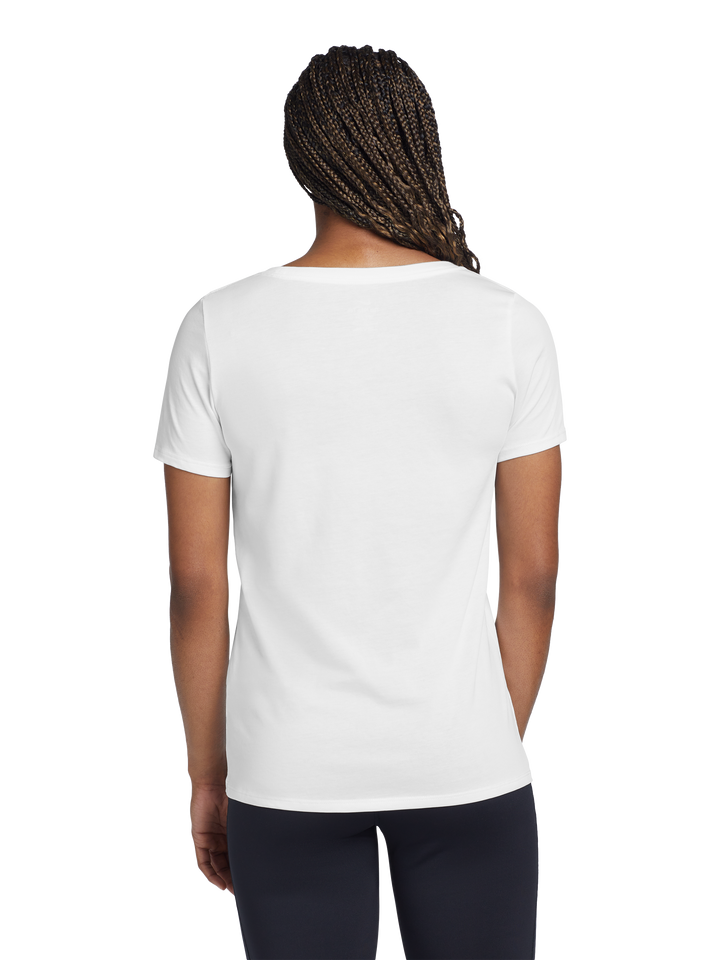 Back view of the Nike Women's Dri-FIT Cotton/Poly Scoop Neck Tee- NKBQ5234 in white, showcasing its relaxed fit and breathable fabric.