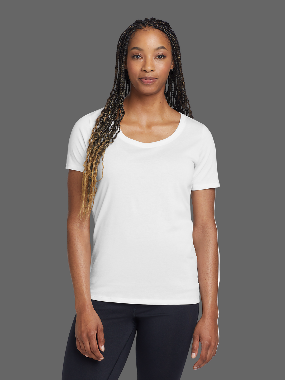 Nike Women's Dri-FIT Cotton/Poly Scoop Neck Tee- NKBQ5234 in white, featuring a soft fabric blend and moisture-wicking technology for comfort.