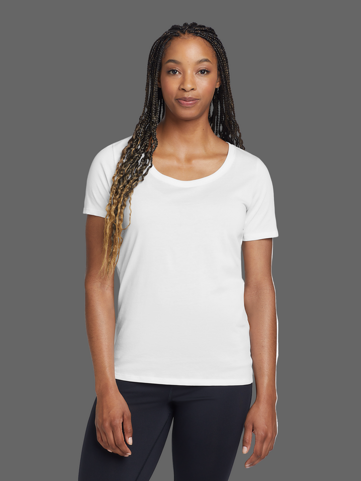 Nike Women's Dri-FIT Cotton/Poly Scoop Neck Tee- NKBQ5234 in white, featuring a soft fabric blend and moisture-wicking technology for comfort.