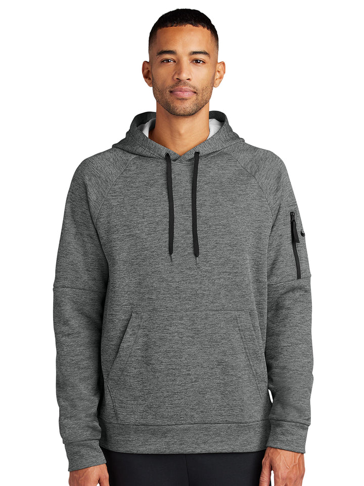 Heather gray Nike Therma-FIT Hoodie with a soft texture and sleeve pocket. Personalize with embroidery or printing for a unique custom look.