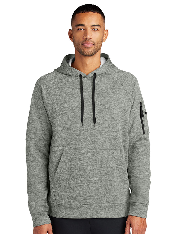 Light heather gray Nike Therma-FIT Hoodie with a cozy fit and sleeve pocket. Ideal for custom branding with embroidery or DTF printing.