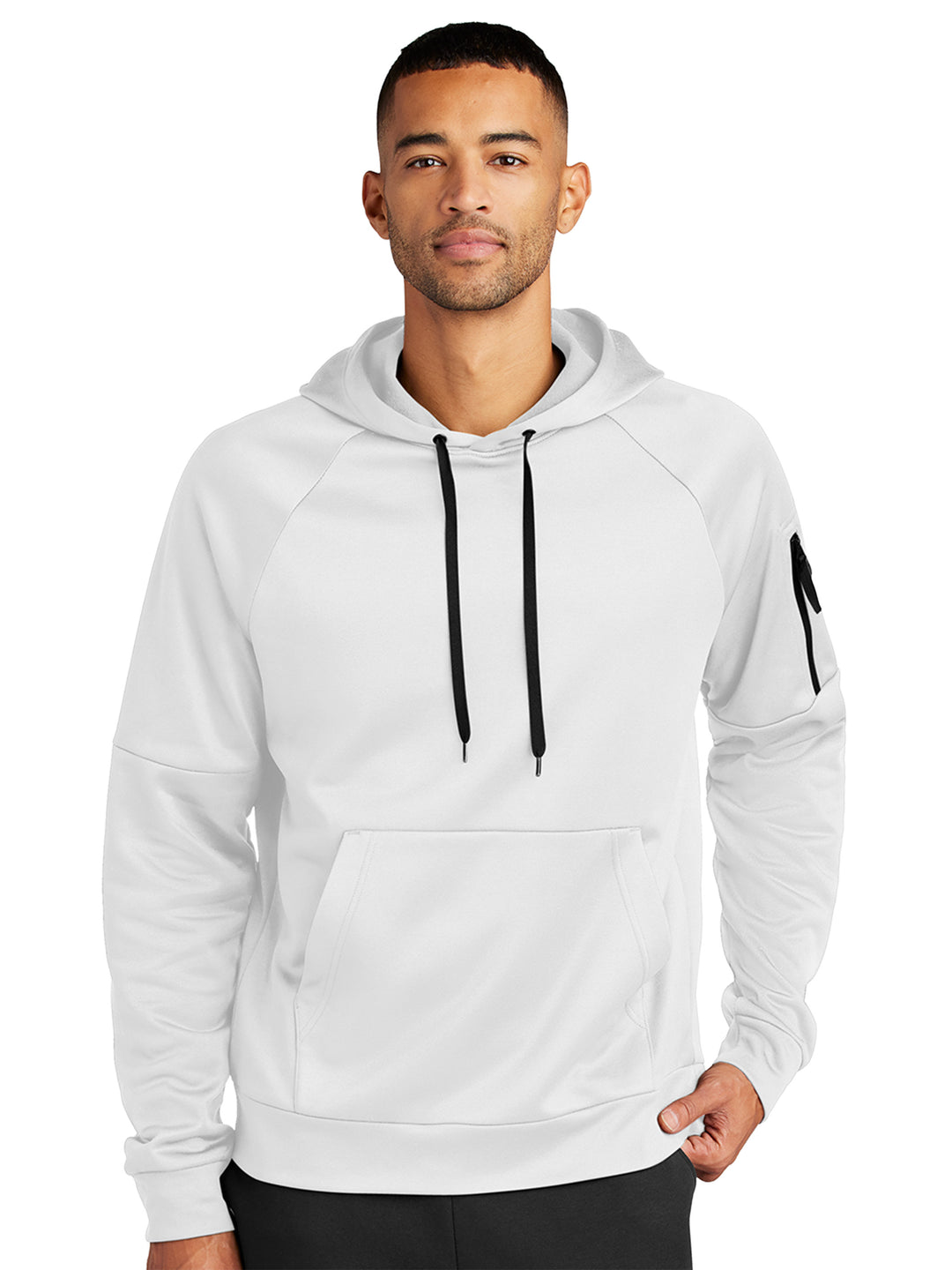 White Nike Therma-FIT Hoodie with a clean, modern design and sleeve pocket. Perfect for custom embroidery or printing for businesses and teams.