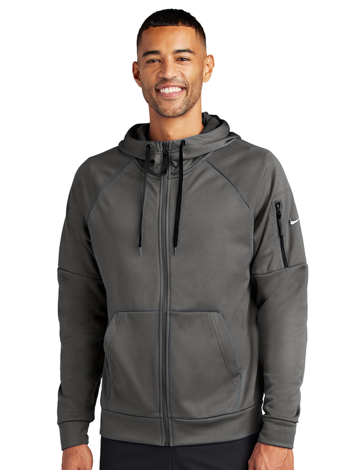 Nike Therma-FIT zip-up hoodie in dark gray with full-zip closure and sleeve pocket. Customizable for business, sports teams, and personal branding.