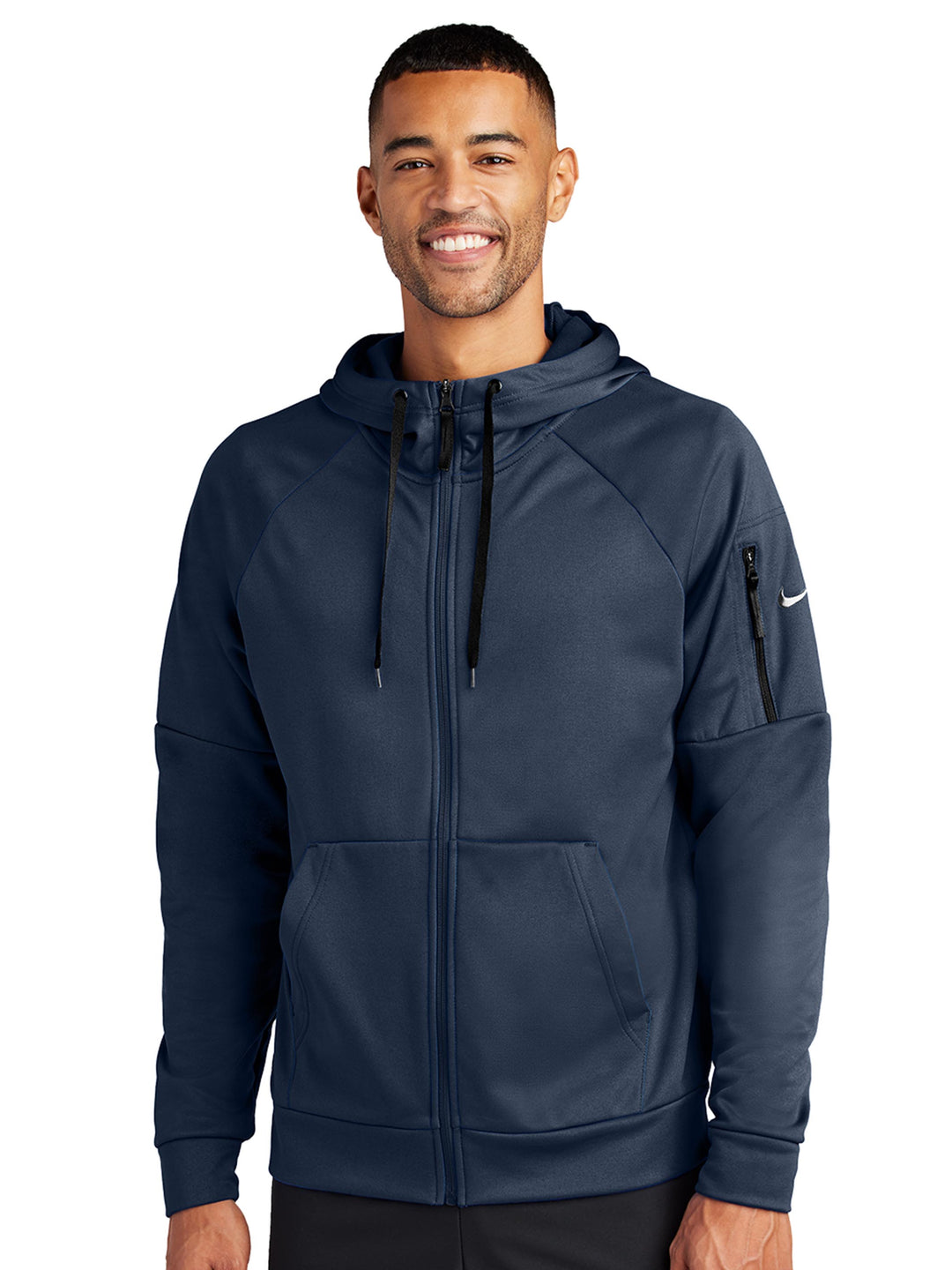 Navy blue Nike Therma-FIT zip-up hoodie with full-zip closure and sleeve pocket. Ideal for custom embroidery or printing with no minimum order.