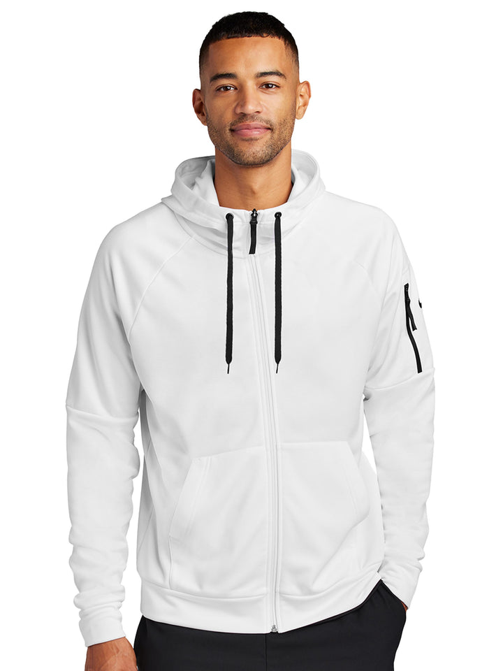 White Nike Therma-FIT zip-up hoodie with black drawstrings and sleeve pocket. Customizable for corporate apparel, sports teams, or personal branding.