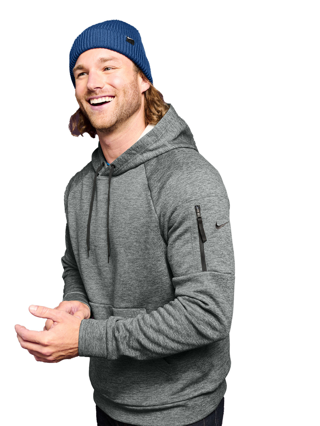 Man wearing a blue Nike Terra Beanie with a gray hoodie, showcasing a stylish and warm look. Perfect for custom branding and everyday wear.