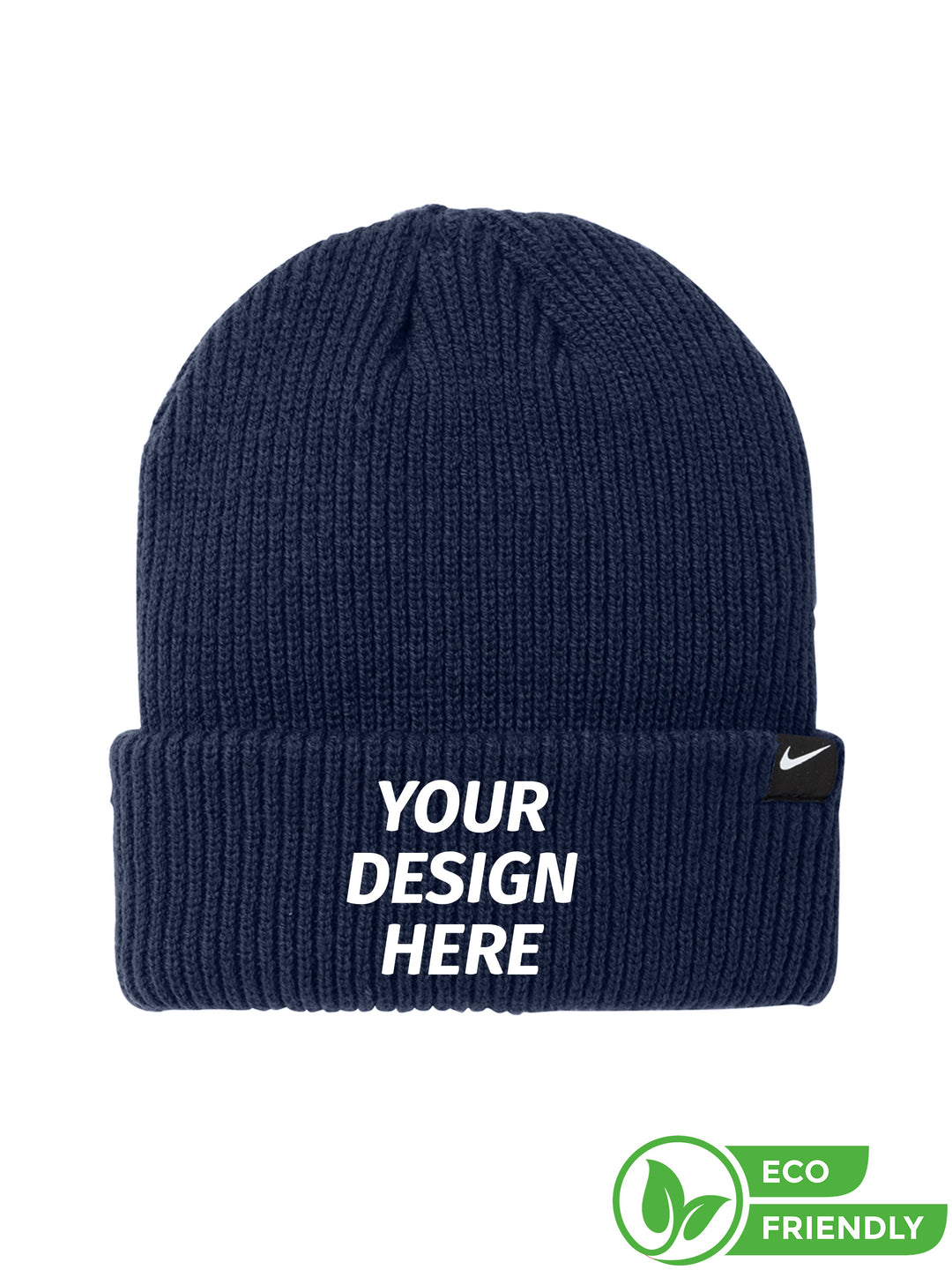 Custom Nike Terra Beanie in navy blue with 'Your Design Here' text, ideal for personalized embroidery. Stylish, warm, and eco-friendly for all seasons.