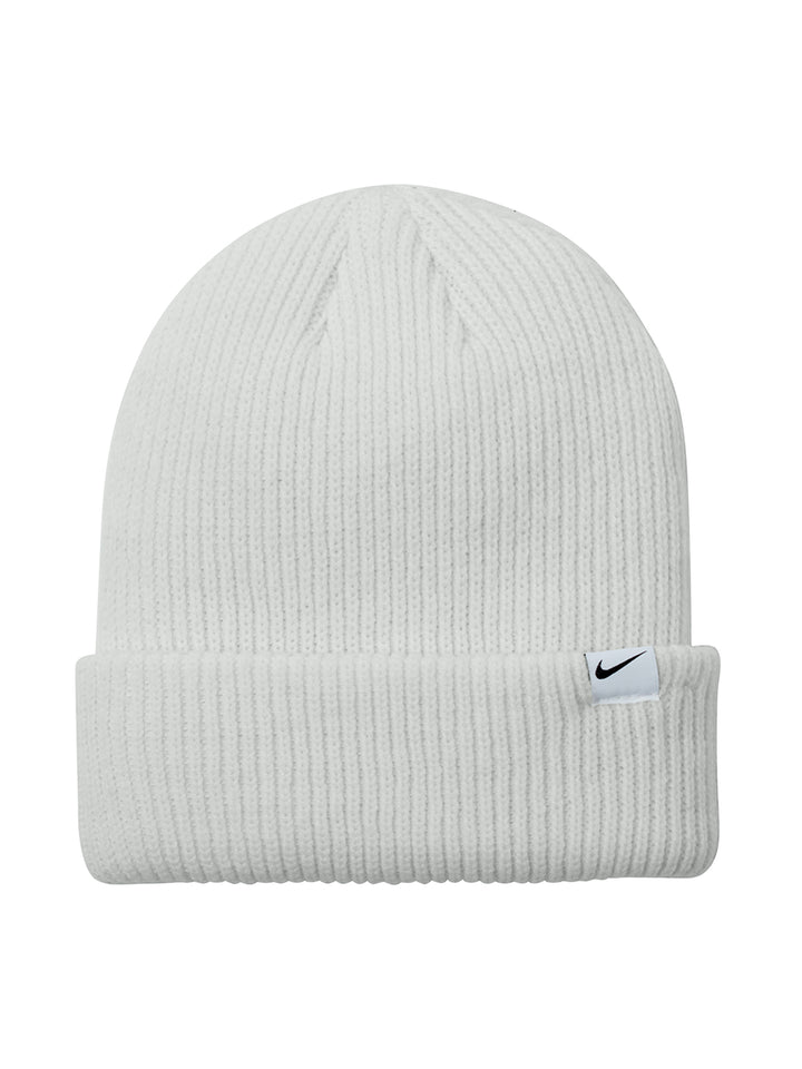 White Nike Terra Beanie with a ribbed knit design and embroidered logo. A cozy and stylish accessory, perfect for customization and cold weather.