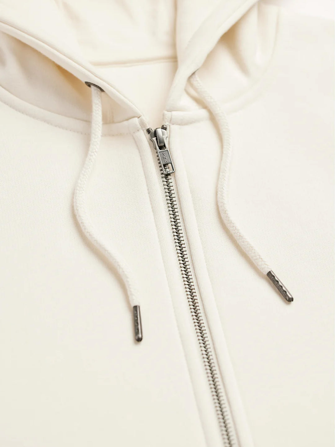 Detailed view of the zipper and drawstrings on the Original Favorites Heavy Weight Zip Up Hoodie. Premium metal hardware enhances durability and style.