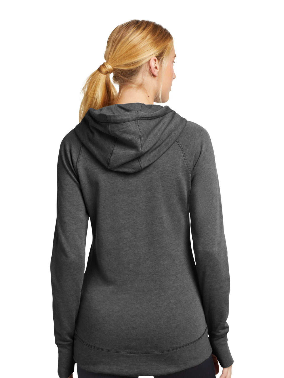 Back view of the New Era Ladies Tri-Blend Fleece Pullover Hoodie in dark gray, highlighting its contoured fit and comfortable hood design.