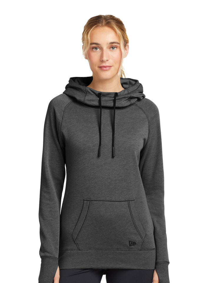 New Era Ladies Tri-Blend Fleece Pullover Hoodie in dark gray, featuring a soft cotton, poly, and rayon blend with a stylish cowl neck and front pocket.