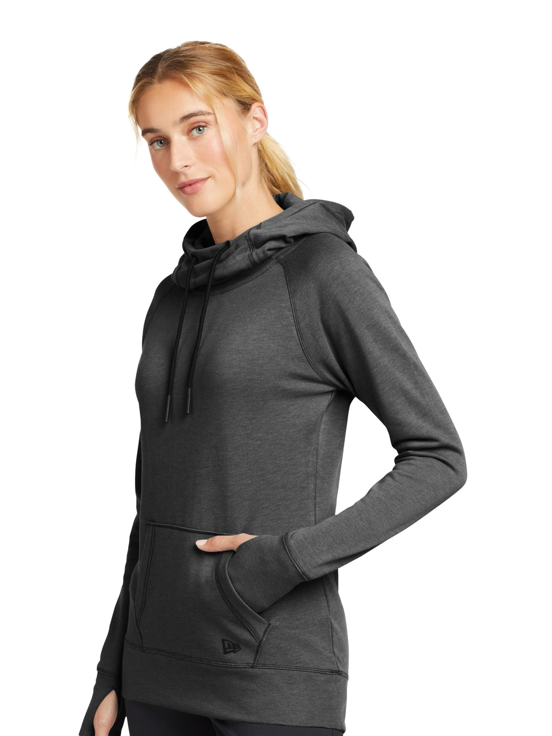 Side view of the New Era Ladies Tri-Blend Fleece Pullover Hoodie in dark gray, showcasing its slim fit, thumbhole cuffs, and cozy fleece fabric.