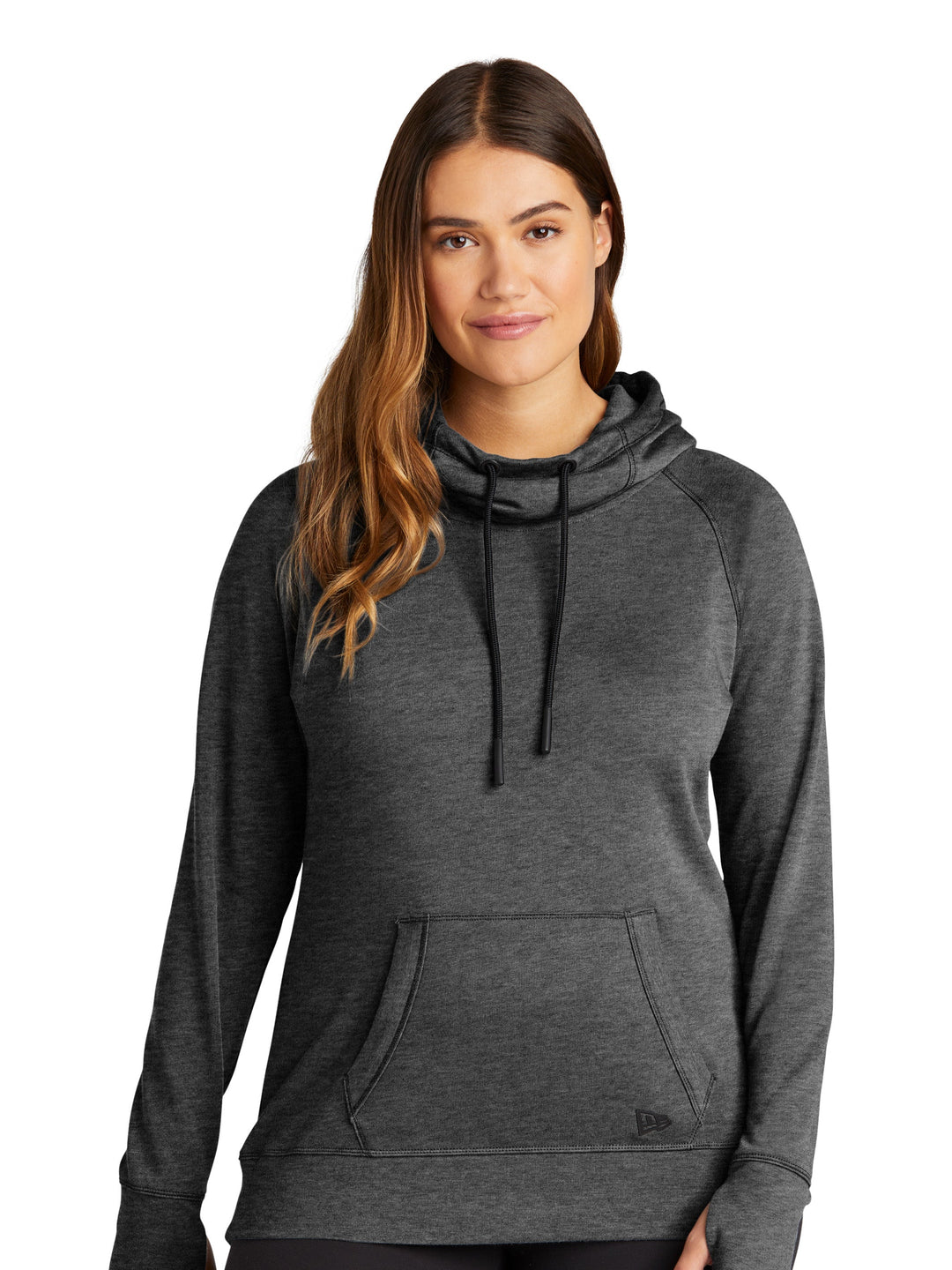 New Era Ladies Tri-Blend Fleece Pullover Hoodie worn by a model, displaying its relaxed fit, front pocket, and stylish drawstring hood.