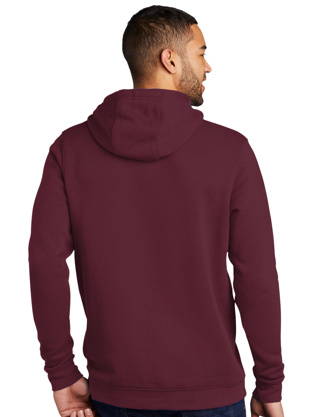 Back view of maroon Nike Club Fleece Hoodie, showcasing its comfortable fit and premium fleece fabric. Great for custom embroidery or logos.