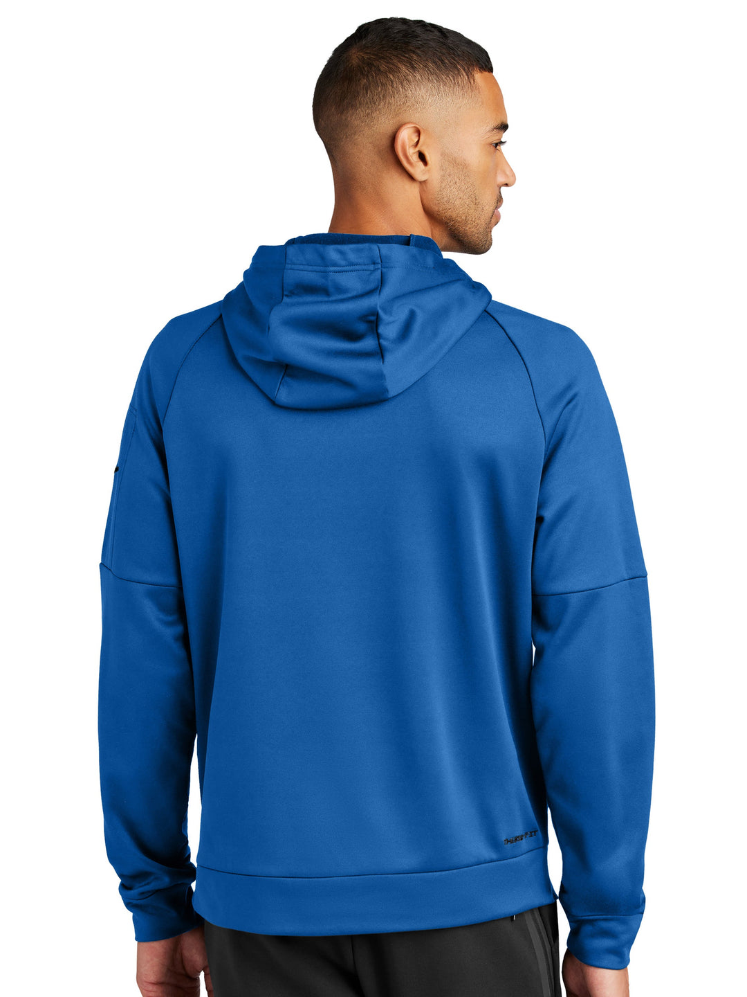 Back view of a royal blue Nike Therma-FIT Hoodie showcasing a relaxed fit and hood. Ideal for custom branding with embroidery or DTF printing.