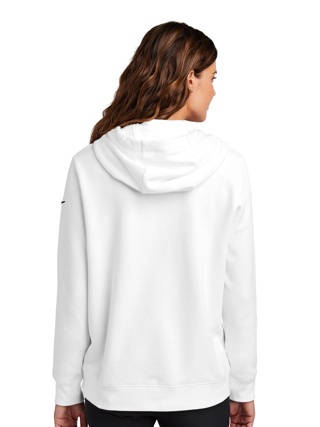 Back view of the Nike Ladies Club Fleece Pullover Hoodie in white, highlighting the hood design and smooth fleece fabric for warmth and comfort.