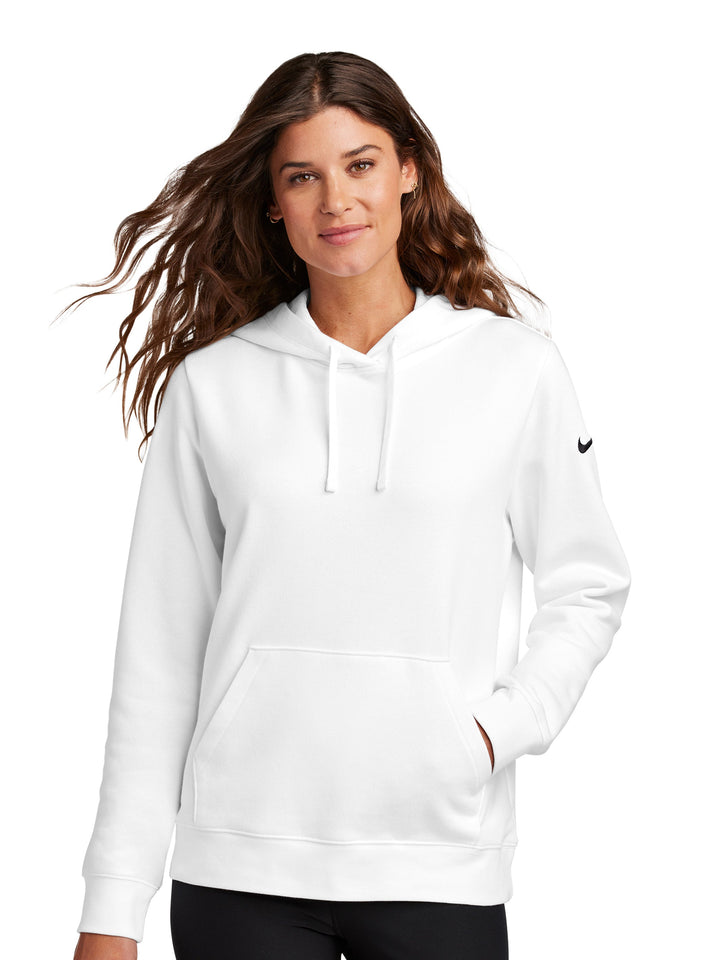 Nike Ladies Club Fleece Pullover Hoodie in white, featuring a soft fleece interior, front pocket, and adjustable hood for comfort and style.