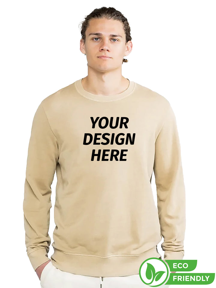 Custom Original Favorites French Terry Crewneck in beige with 'Your Design Here' text. Made from 100% organic cotton for a sustainable, stylish look.