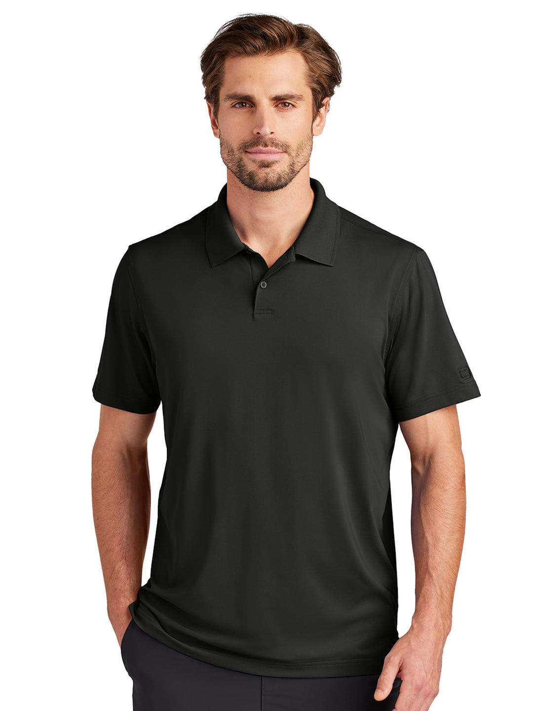 Custom OGIO Regain Polo in black, designed with moisture-wicking technology for all-day comfort. Personalize with your logo for a professional look.