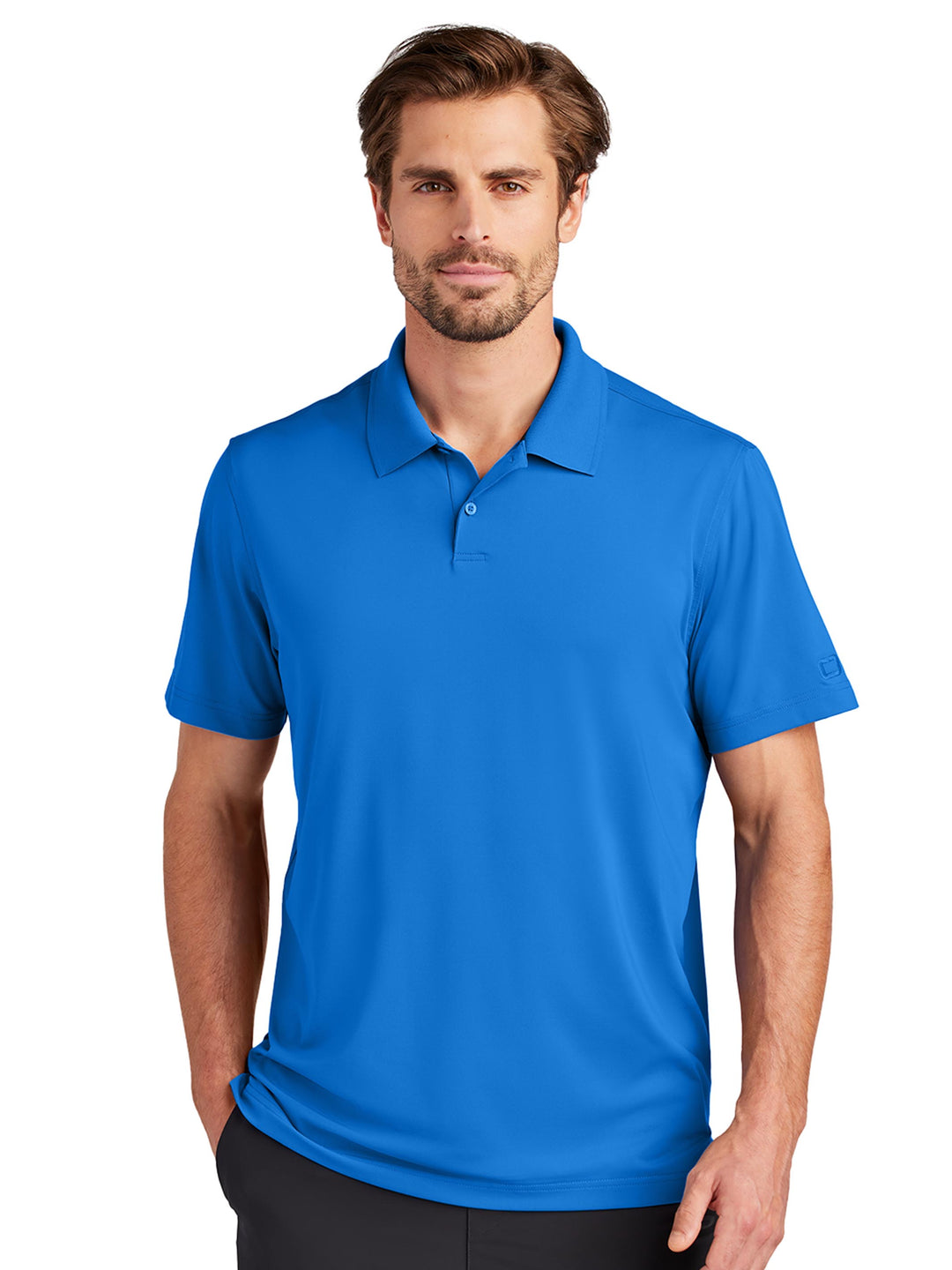 Custom OGIO Regain Polo in royal blue, offering a sleek and modern fit with moisture-wicking fabric. Perfect for work or casual outings.