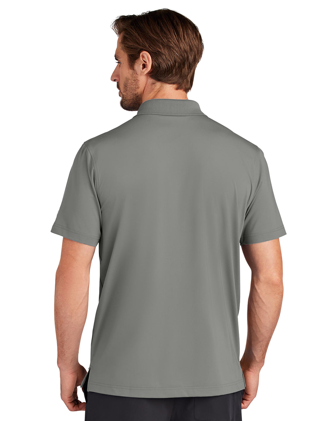 Back view of the Custom OGIO Regain Polo in gray, showcasing its sleek and breathable design. Ideal for corporate branding or everyday wear.