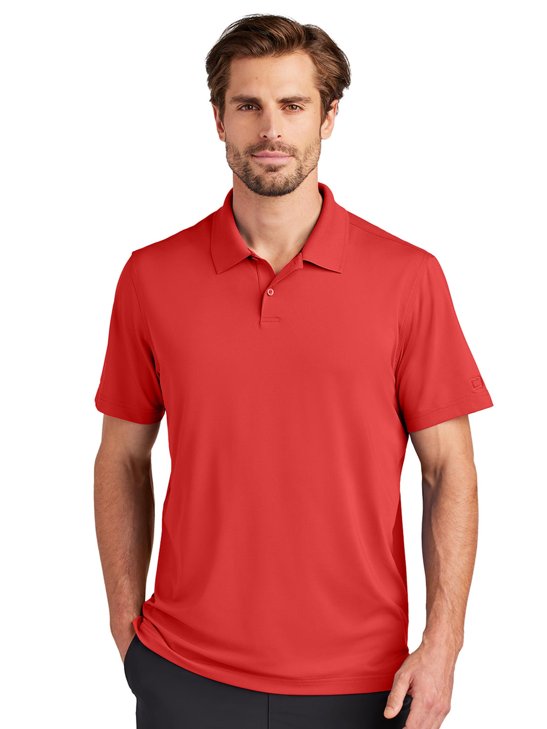 Custom OGIO Regain Polo in red, featuring a modern fit and moisture-wicking fabric. A stylish and professional choice for work or casual wear.