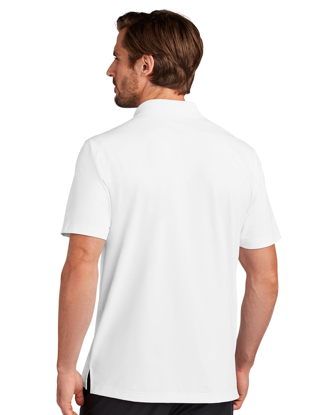 Back view of the Custom OGIO Regain Polo in white, featuring a lightweight and breathable fabric. A great choice for business or casual settings.