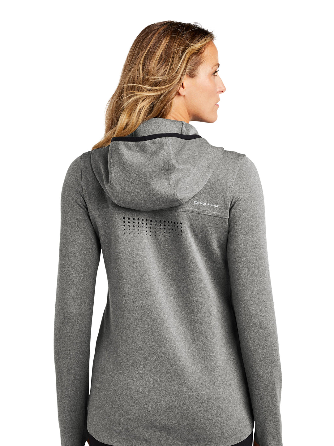 Back view of OGIO Ladies Stealth Full Zip Hooded Jacket in gray, featuring laser-cut ventilation details and a stylish, ergonomic hood.