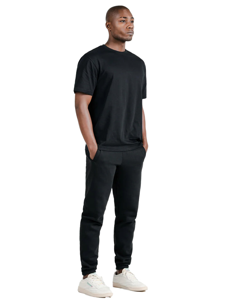 Full-body view of black Original Favorites Supima Cotton T-Shirt paired with black joggers. Comfortable and stylish everyday wear.