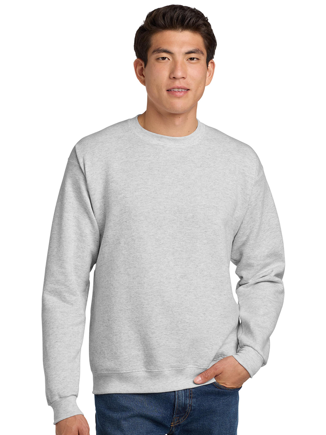 Hanes EcoSmart Crewneck Sweatshirt in light gray. A customizable and eco-friendly pullover made from recycled materials for sustainability.