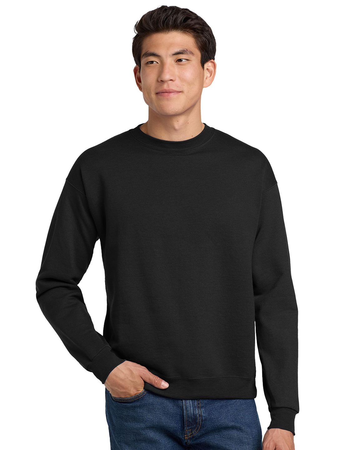 Hanes EcoSmart Crewneck Sweatshirt in black. A soft and durable customizable sweatshirt made from sustainable materials.