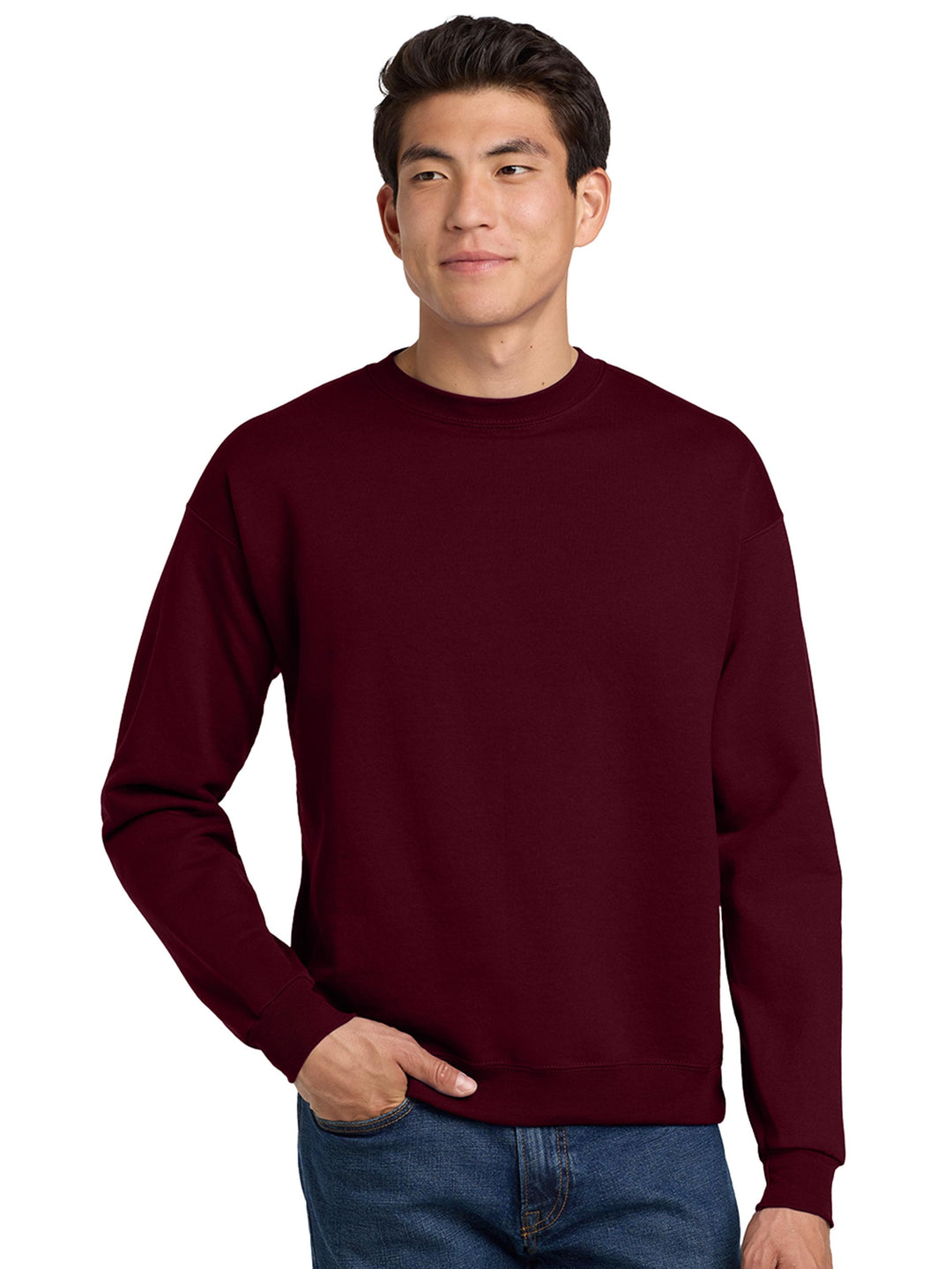 Hanes EcoSmart Crewneck Sweatshirt in maroon. A soft and eco-friendly pullover perfect for custom printing and everyday wear.