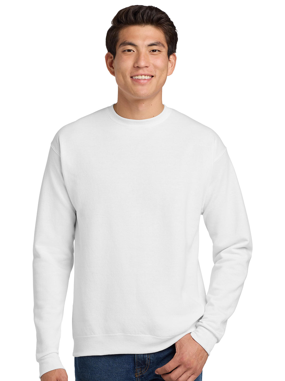 Hanes EcoSmart Crewneck Sweatshirt in white. A classic and eco-friendly pullover made from recycled materials for sustainability.