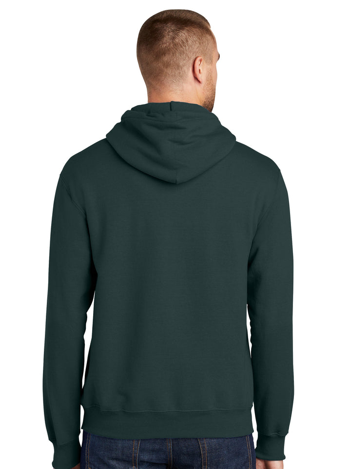 Back view of Custom Port and Company Tall Essential Fleece Full Zip Hoodie in green, highlighting the hood and seamless design. Perfect for custom embroidery or printing.