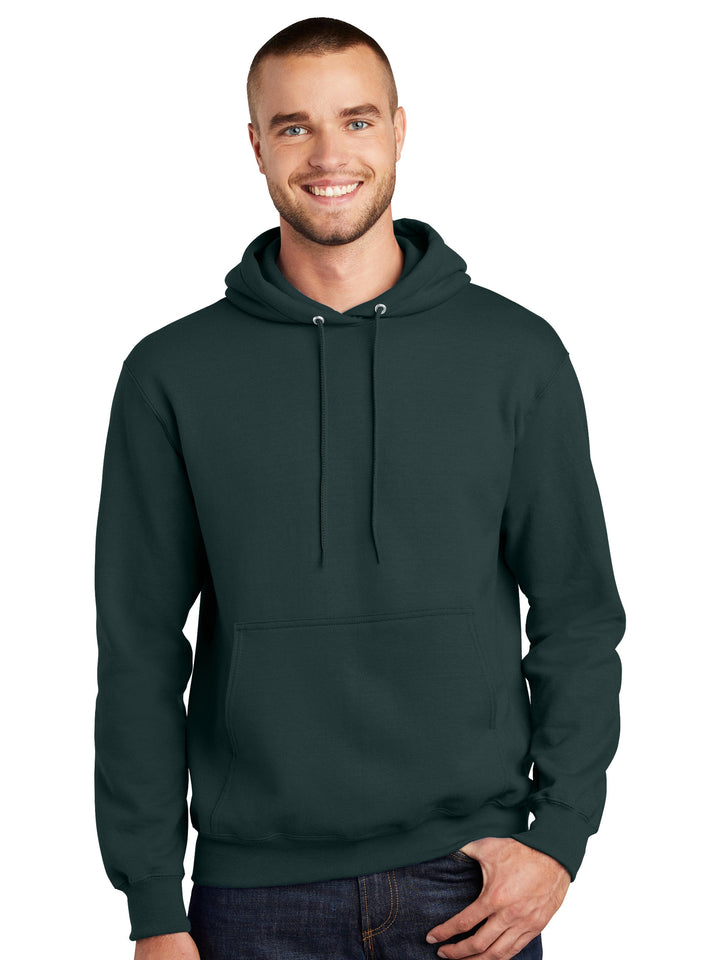 Custom Port and Company Tall Essential Fleece Full Zip Hoodie in deep green, featuring a front pocket and adjustable drawstring hood. Ideal for personalized embroidery or branding.