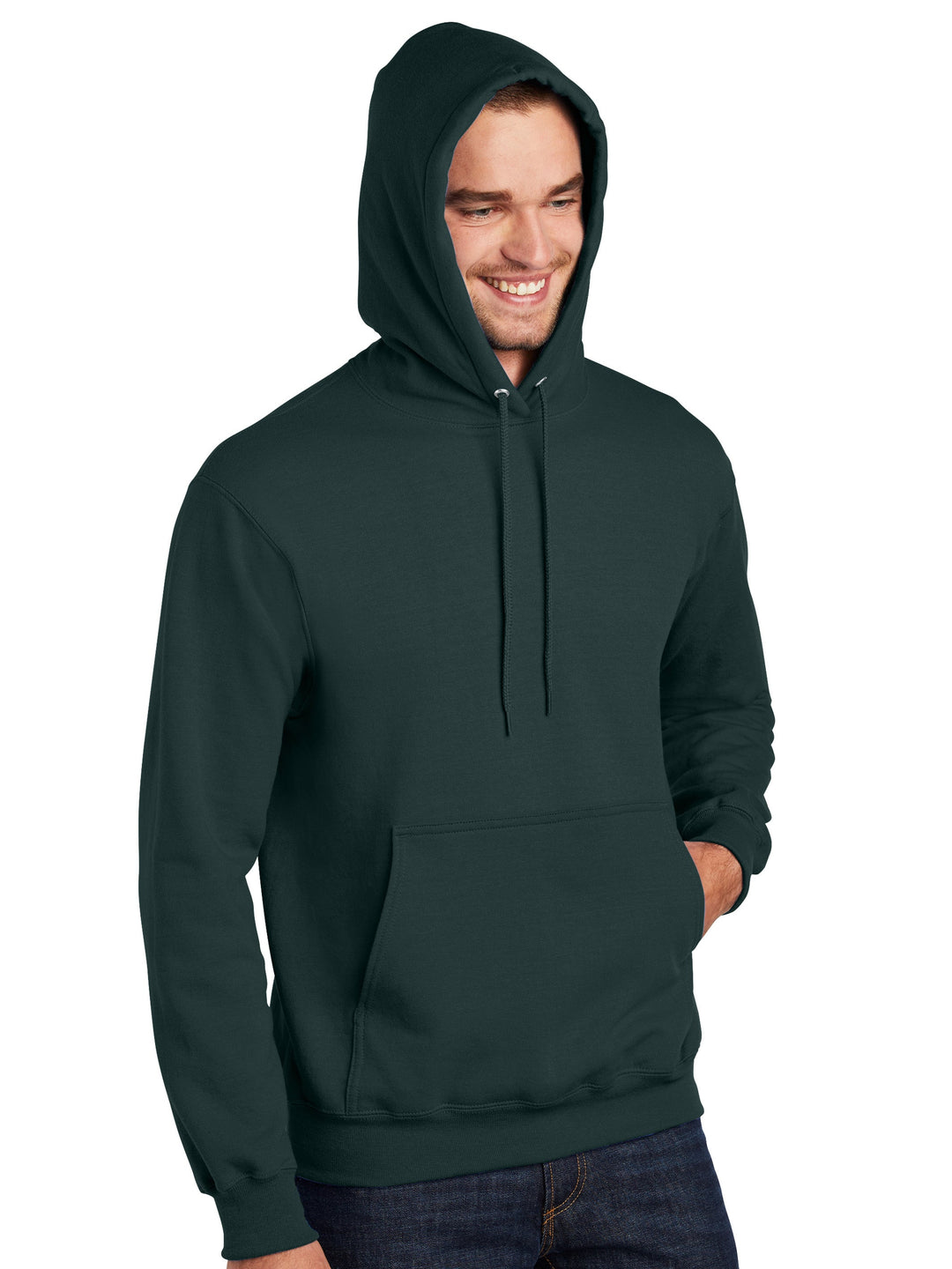 Men’s Custom Port and Company Tall Essential Fleece Full Zip Hoodie in green, worn with hood up. Soft fleece fabric perfect for custom logos and bulk orders.