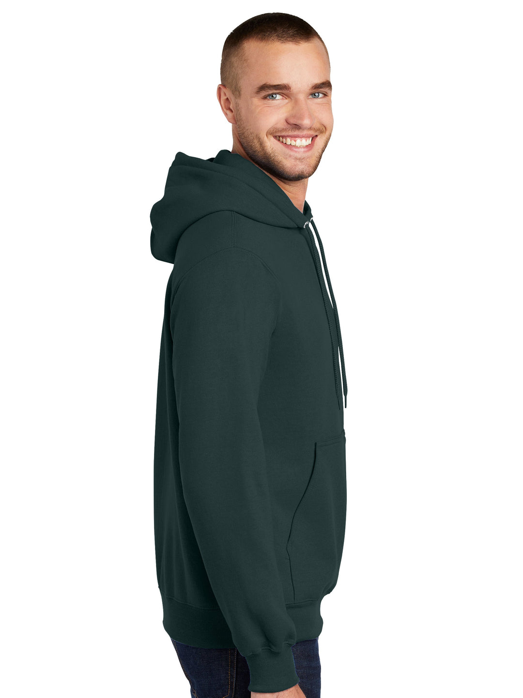 Side view of Custom Port and Company Tall Essential Fleece Full Zip Hoodie in green, showcasing its relaxed fit and durable stitching. Great for personalized designs.